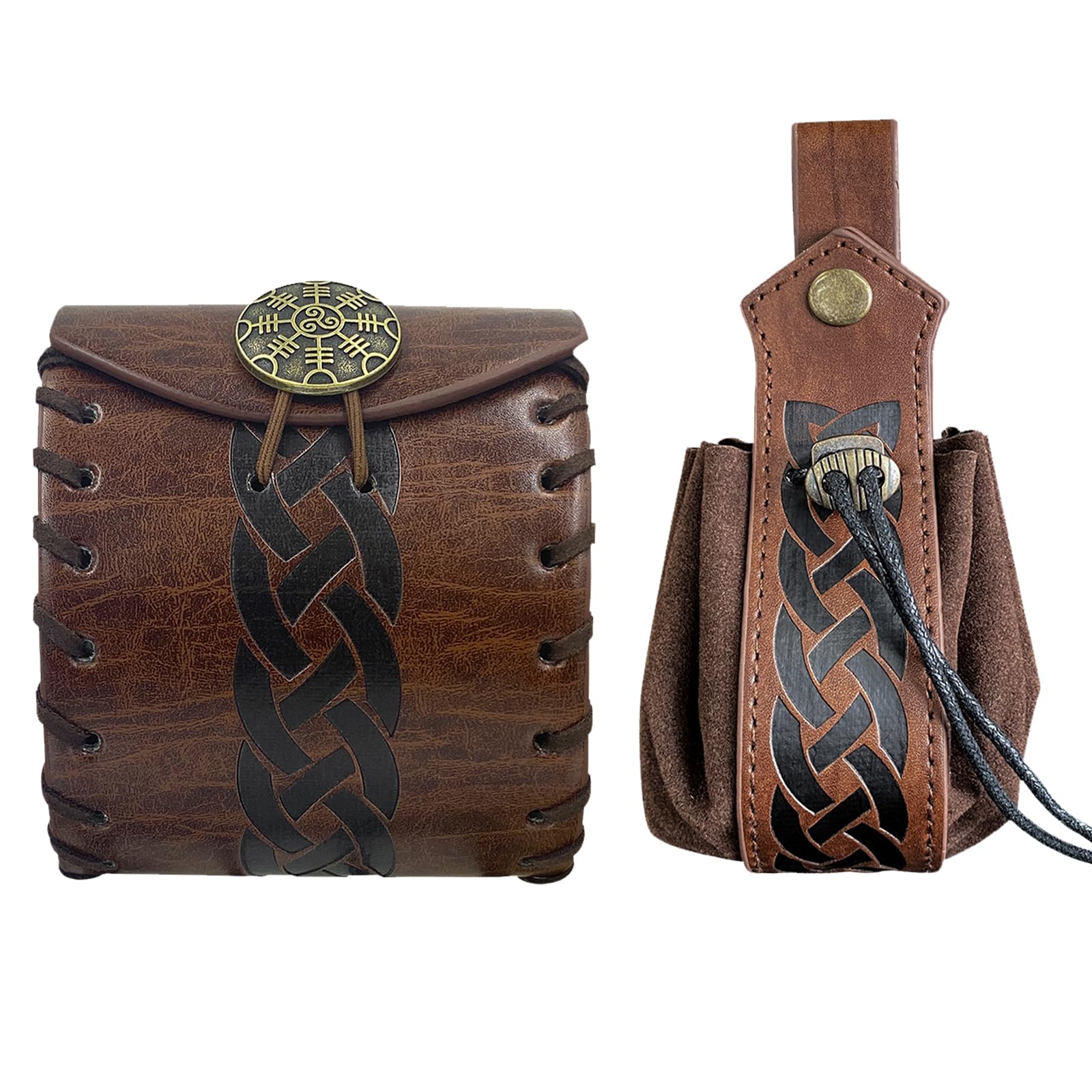 EpicCos 2 PCs Medieval Faux Leather Belt Bag Renaissance Drawstring Pouch Dice Bag Vintage Side Pack Coin Purse for LARP (Brown B)