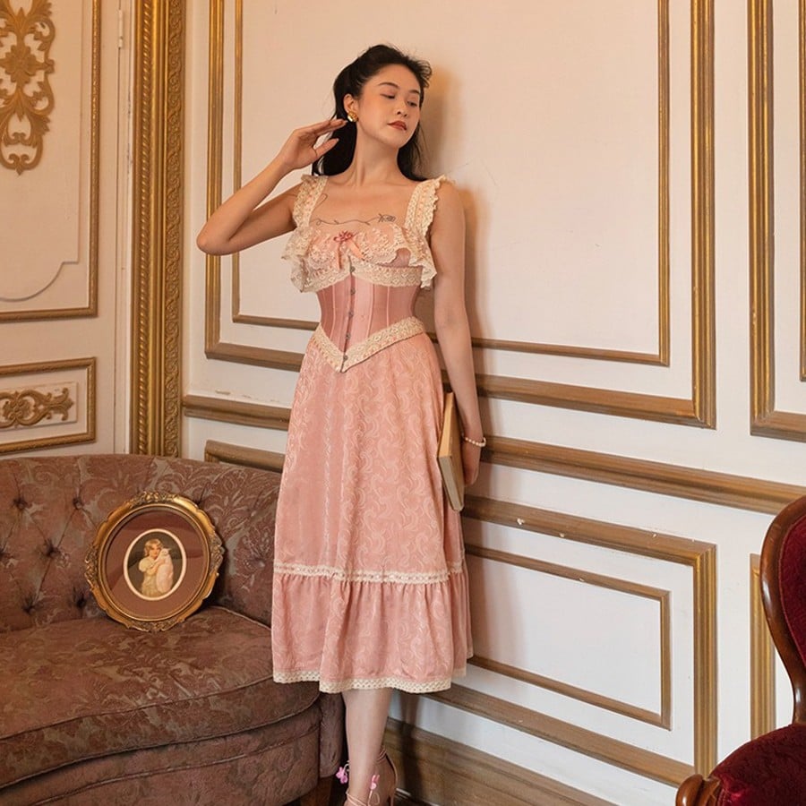 Medieval French Lace Strap Dress for Girls