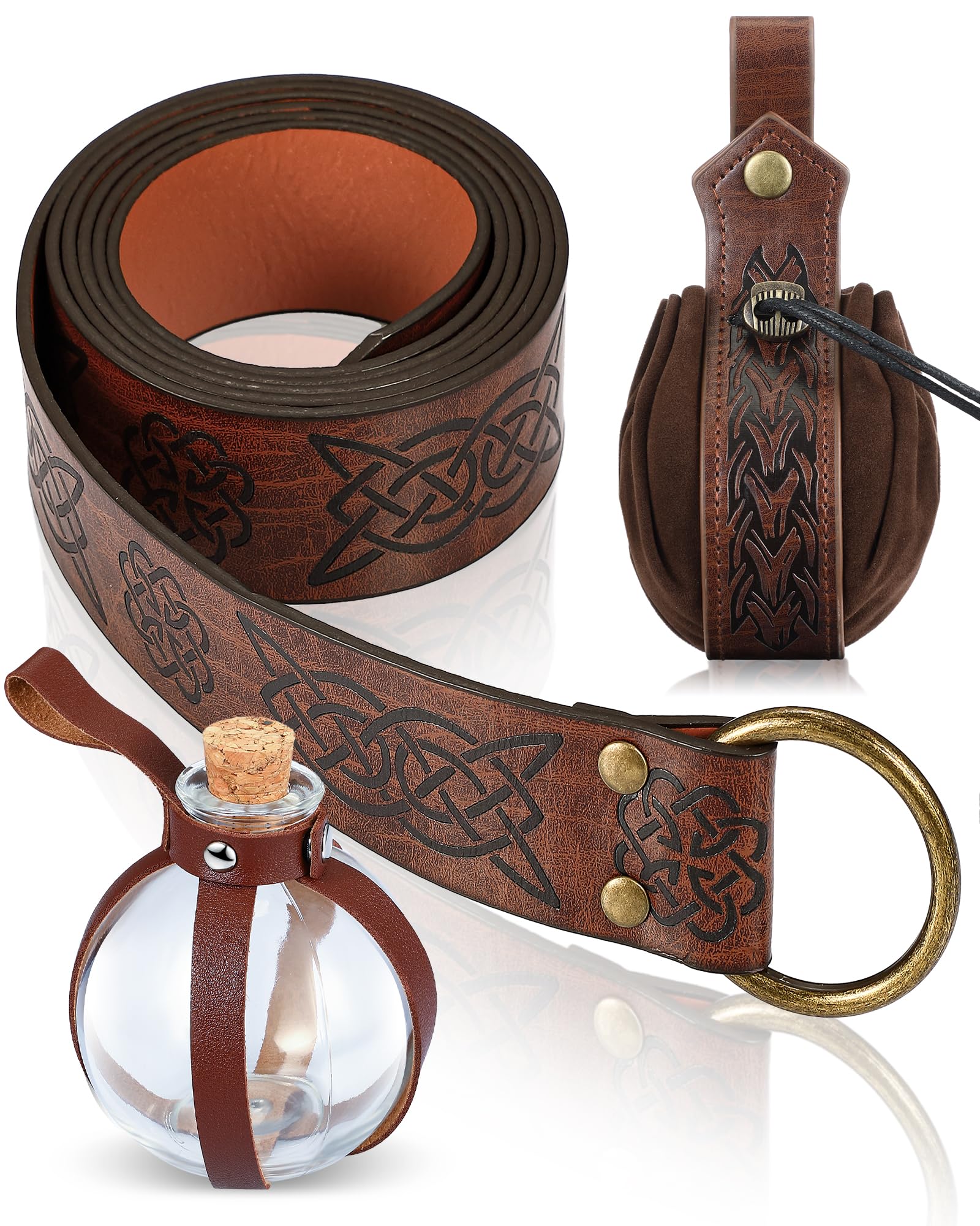 LEIFIDE 3 Pcs Medieval Viking Belt Leather Belt Pouch Cork Potion Bottle Medieval Bag Renaissance Accessories(Dark BrownVintage)